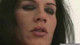Sexy brunette shemale honey tugging on her cock - porn video