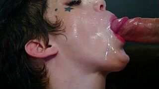 Tattooed skinny brunette gangbanged in bar - porn video